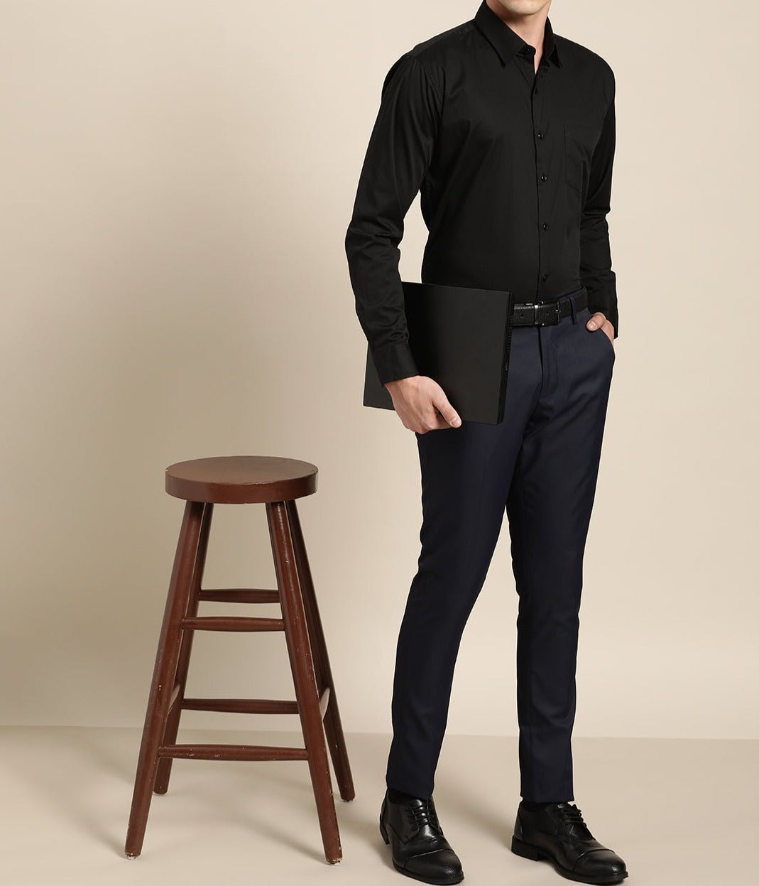Men Black Solid Pure Cotton Slim Fit Formal Shirts - #folk republic#
