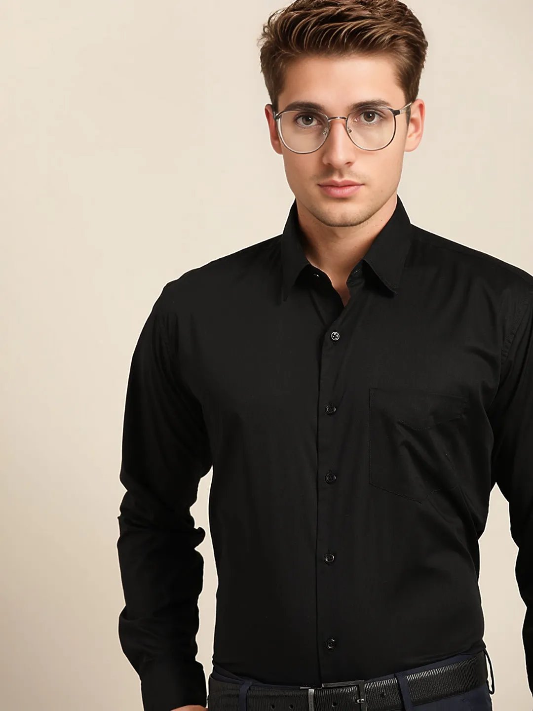 Men Black Solid Pure Cotton Slim Fit Formal Shirts - #folk republic#