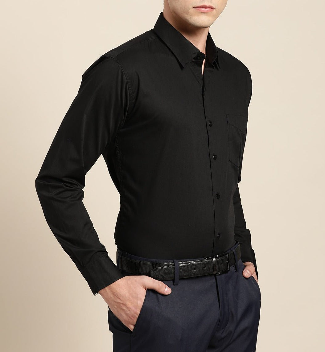 Men Black Solid Pure Cotton Slim Fit Formal Shirts - #folk republic#