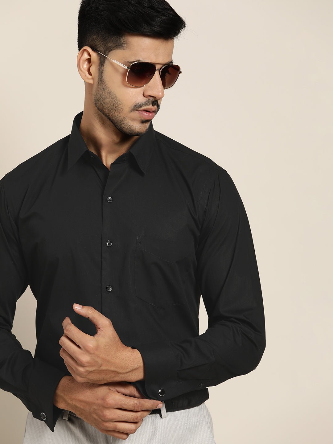 Men Black Solid Pure Cotton Slim Fit French Cuff Formal Shirts - #folk republic#