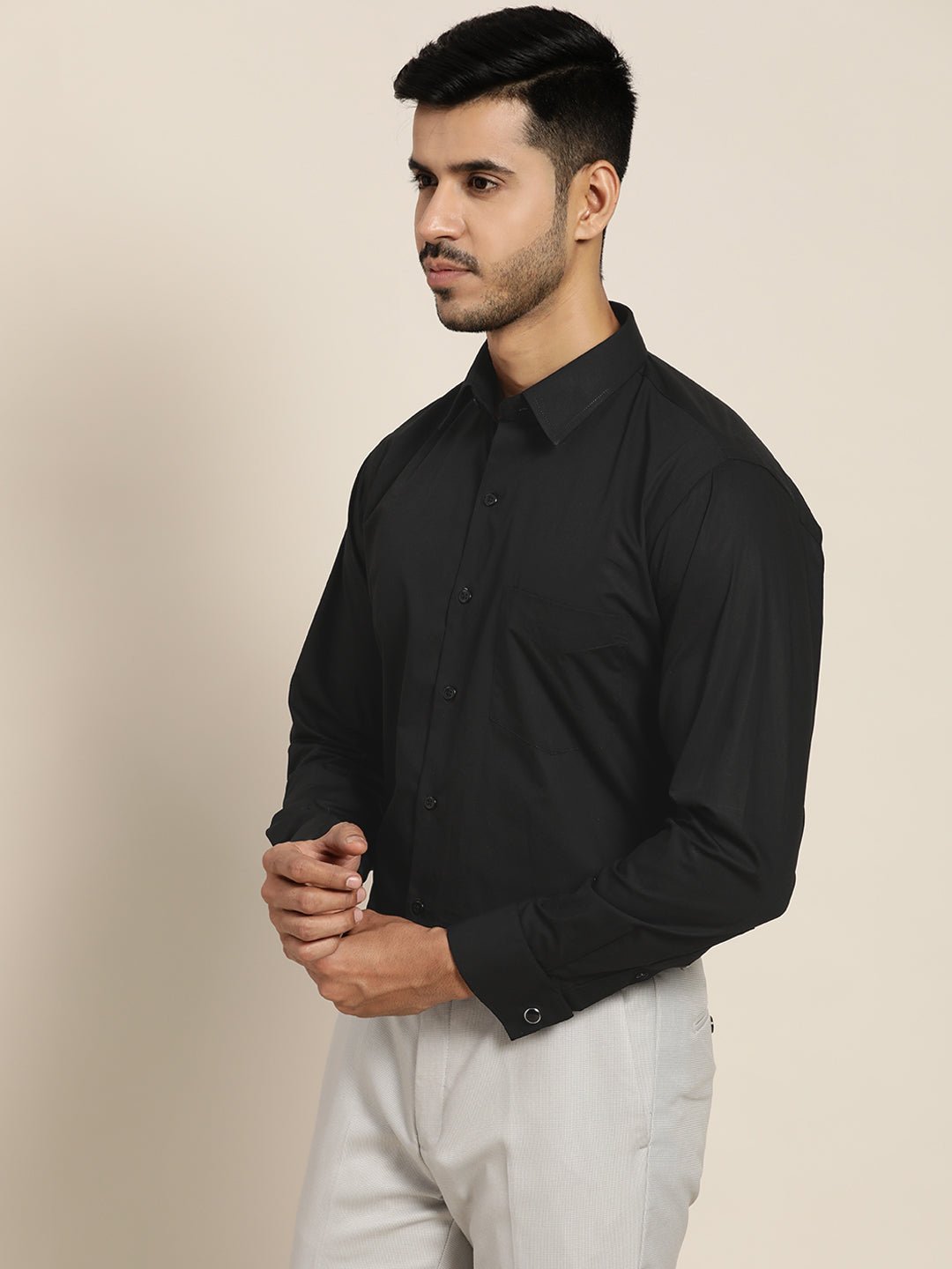 Men Black Solid Pure Cotton Slim Fit French Cuff Formal Shirts - #folk republic#