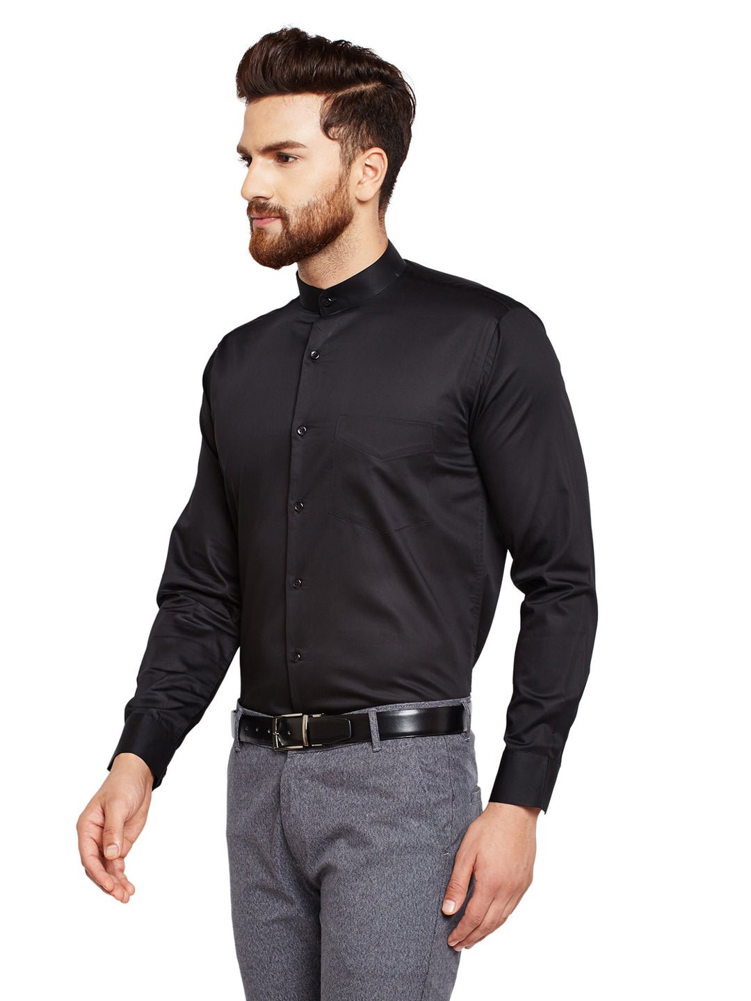 Men Black Solid Slim Fit Pure Cotton Satin Formal Shirt - #folk republic#