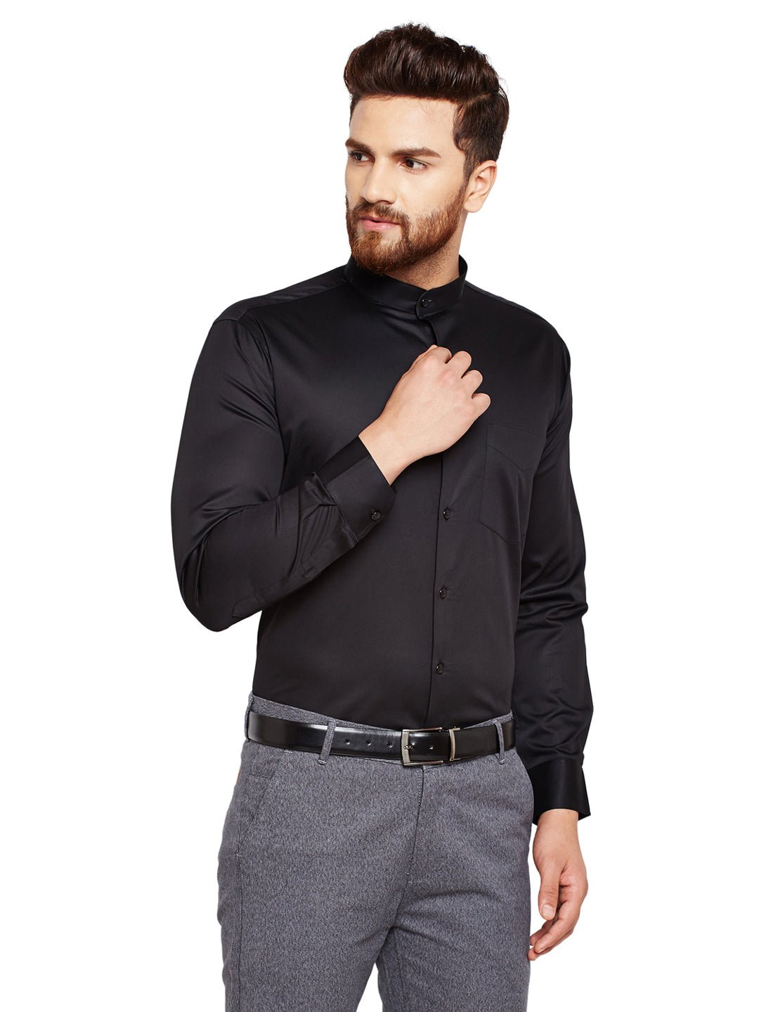 Men Black Solid Slim Fit Pure Cotton Satin Formal Shirt - #folk republic#