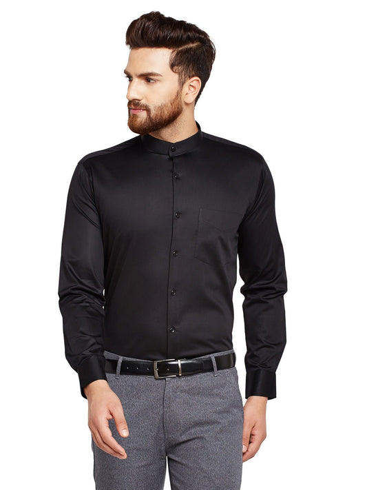 Men Black Solid Slim Fit Pure Cotton Satin Formal Shirt - #folk republic#