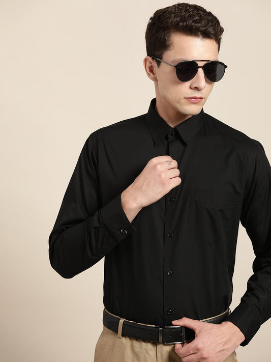 Men Black Solid Slim Fit Pure Cotton Satin French Cuff Formal Shirt - #folk republic#