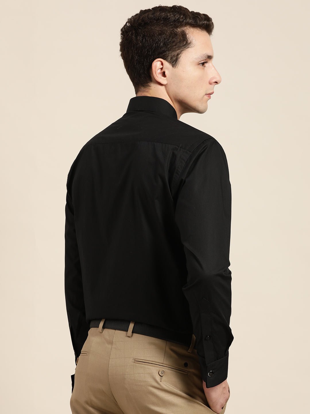 Men Black Solid Slim Fit Pure Cotton Satin French Cuff Formal Shirt - #folk republic#