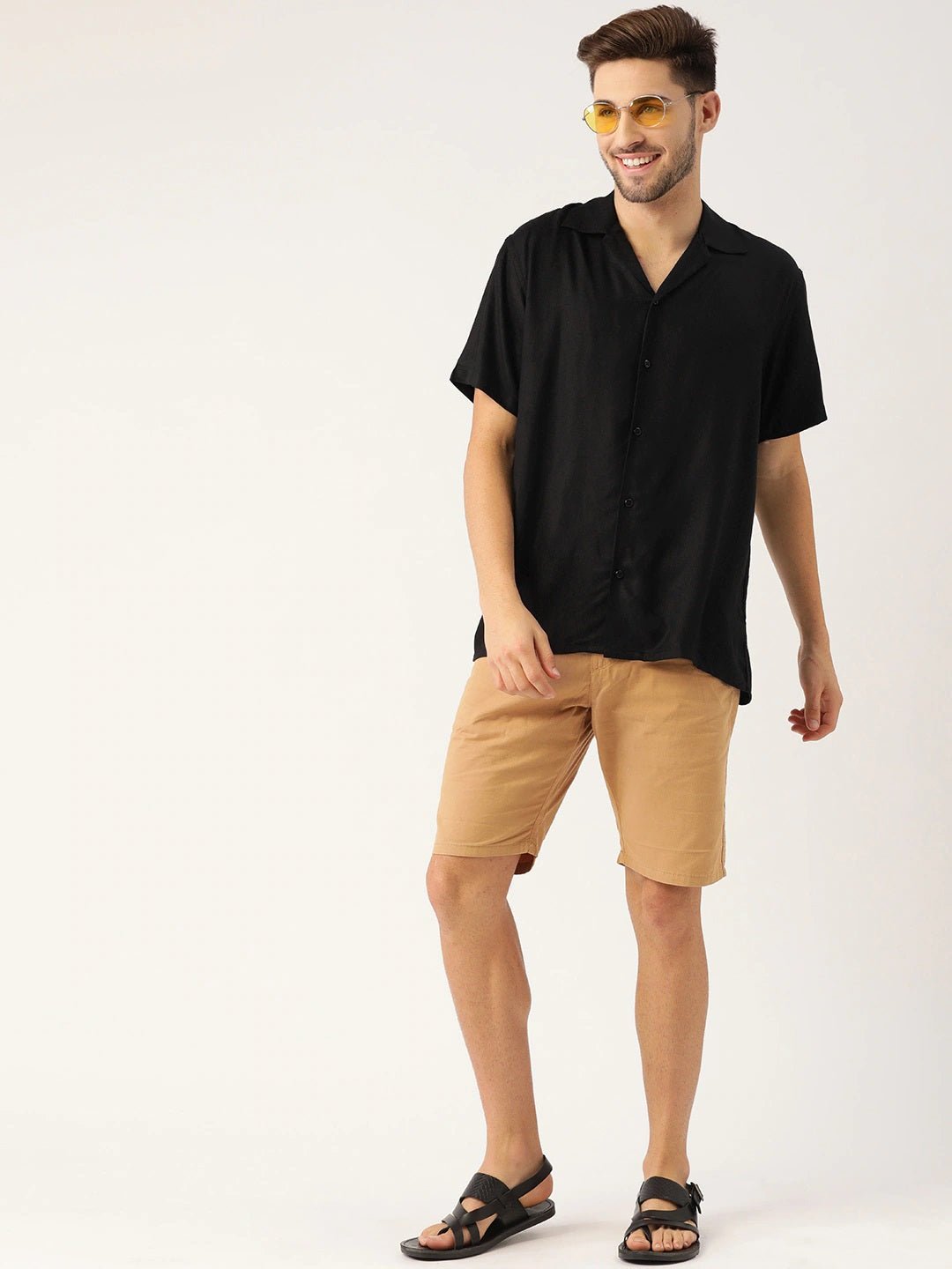 Men Black Solid Viscose Rayon Relaxed Fit Casual Resort Shirt - #folk republic#