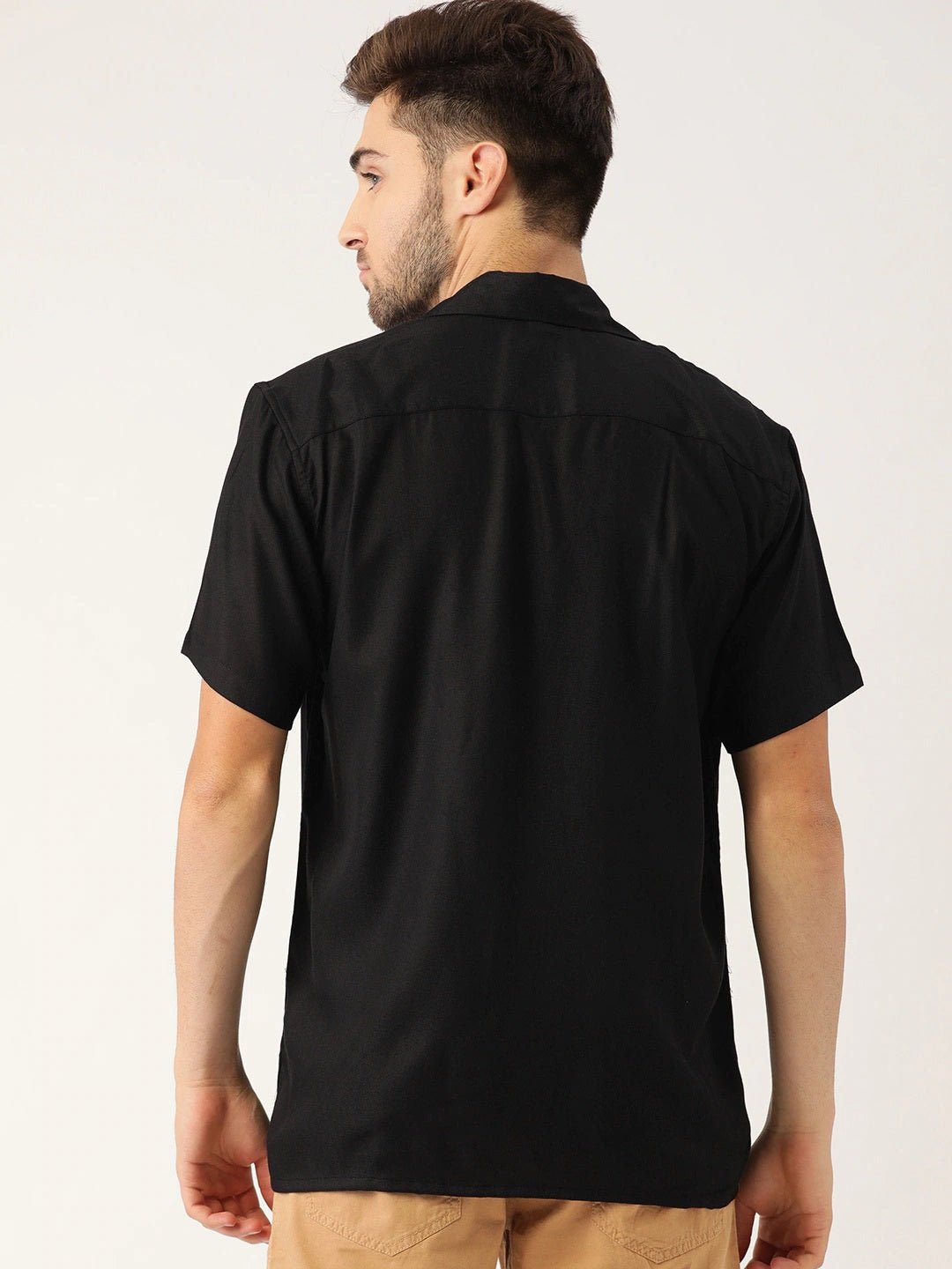 Men Black Solid Viscose Rayon Relaxed Fit Casual Resort Shirt - #folk republic#