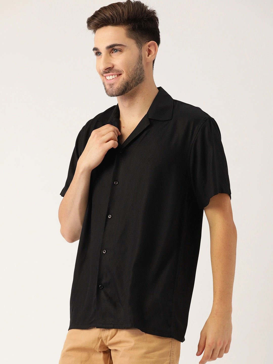 Men Black Solid Viscose Rayon Relaxed Fit Casual Resort Shirt - #folk republic#