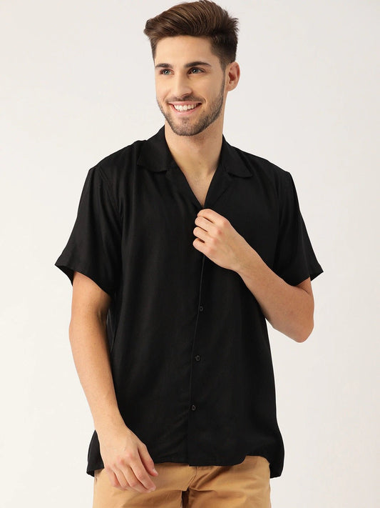Men Black Solid Viscose Rayon Relaxed Fit Casual Resort Shirt - #folk republic#