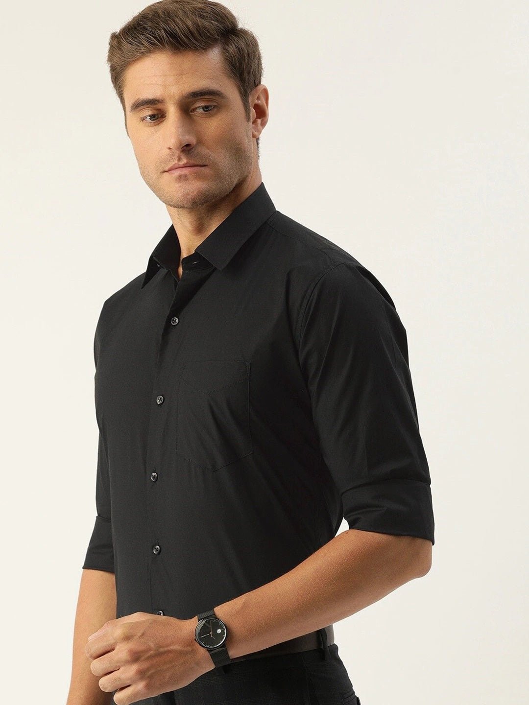 Men Black Solids Pure Cotton Slim Fit Formal Shirt - #folk republic#