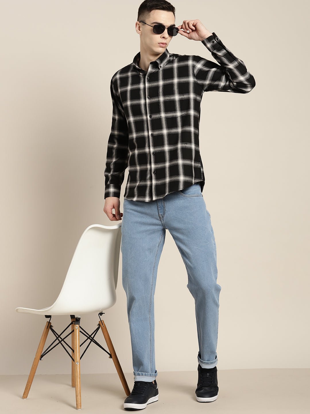 Men Black & White Checks Pure Cotton Slim fit Casual Shirt - #folk republic#