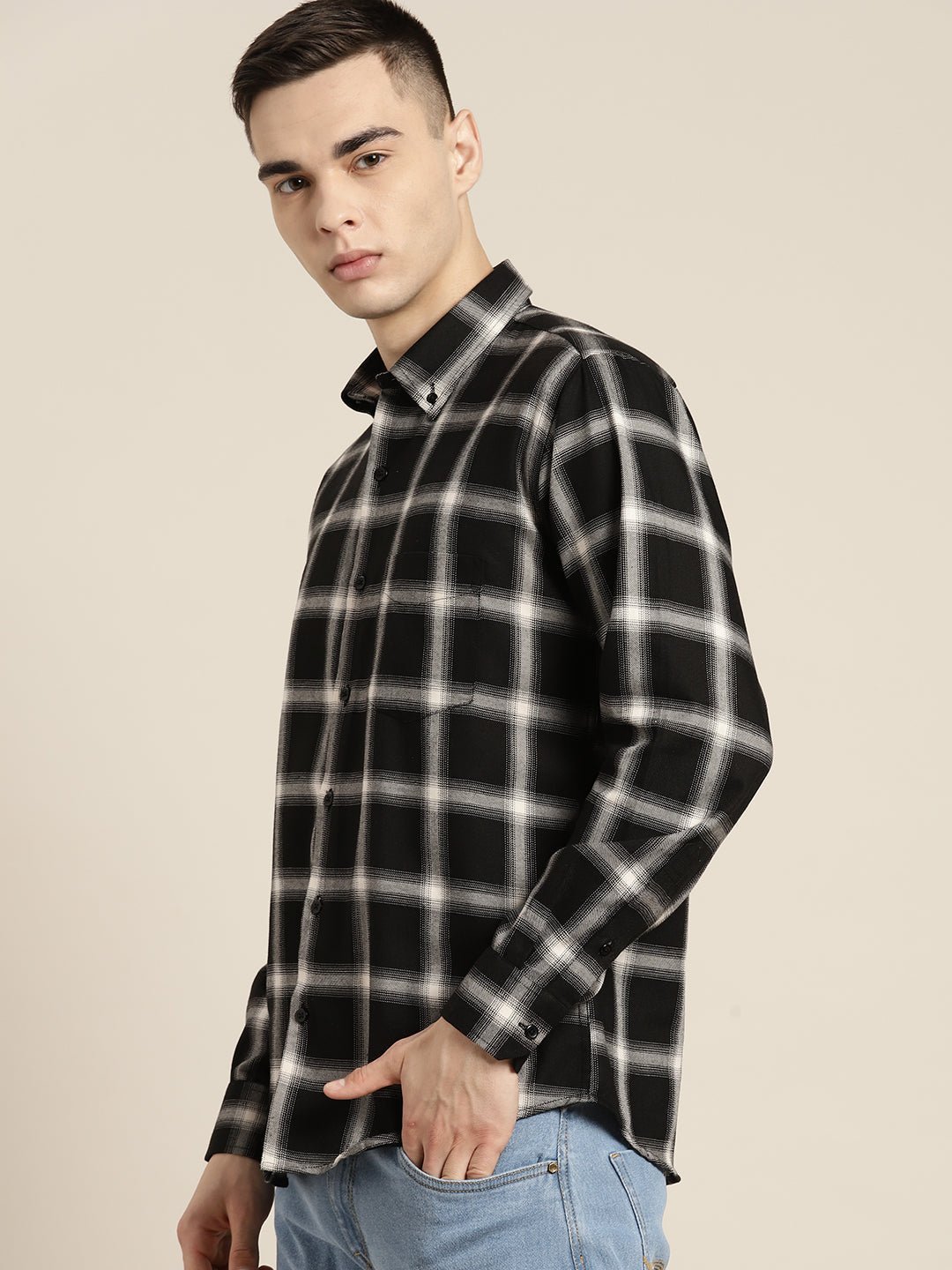 Men Black & White Checks Pure Cotton Slim fit Casual Shirt - #folk republic#