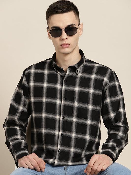 Men Black & White Checks Pure Cotton Slim fit Casual Shirt - #folk republic#