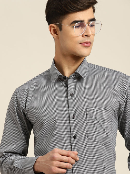 Men Black & White Checks Pure Cotton Slim fit Formal Shirt - #folk republic#