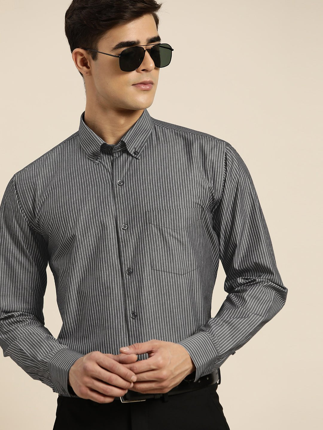 Men Black & White Stripes Pure Cotton Slim fit Formal Shirt - #folk republic#