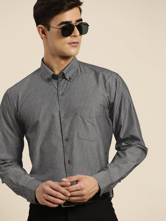 Men Black & White Stripes Pure Cotton Slim fit Formal Shirt - #folk republic#