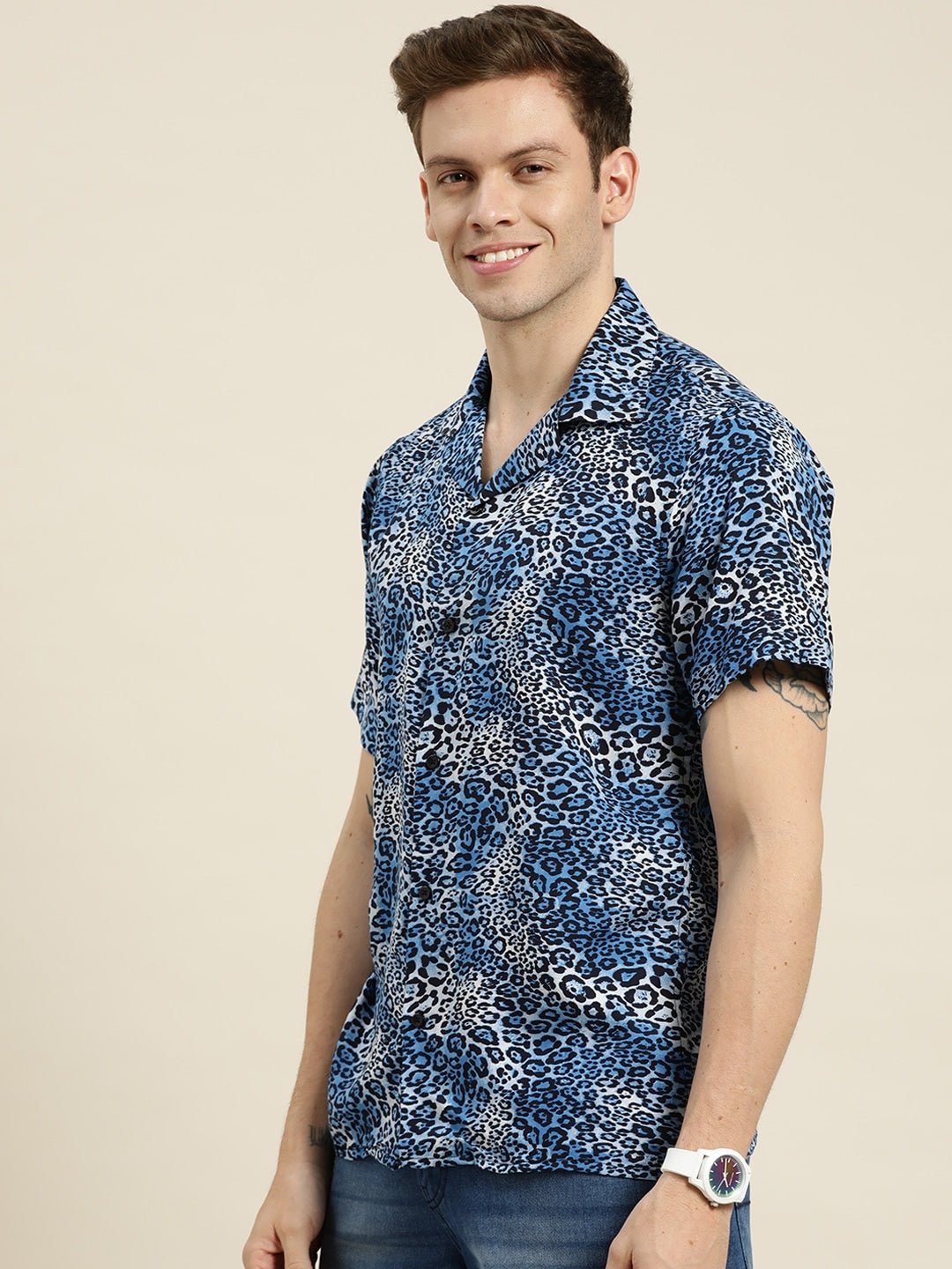 Men Blue-Black Prints Viscose Rayon Relaxed Fit Casual Resort Shirt - #folk republic#