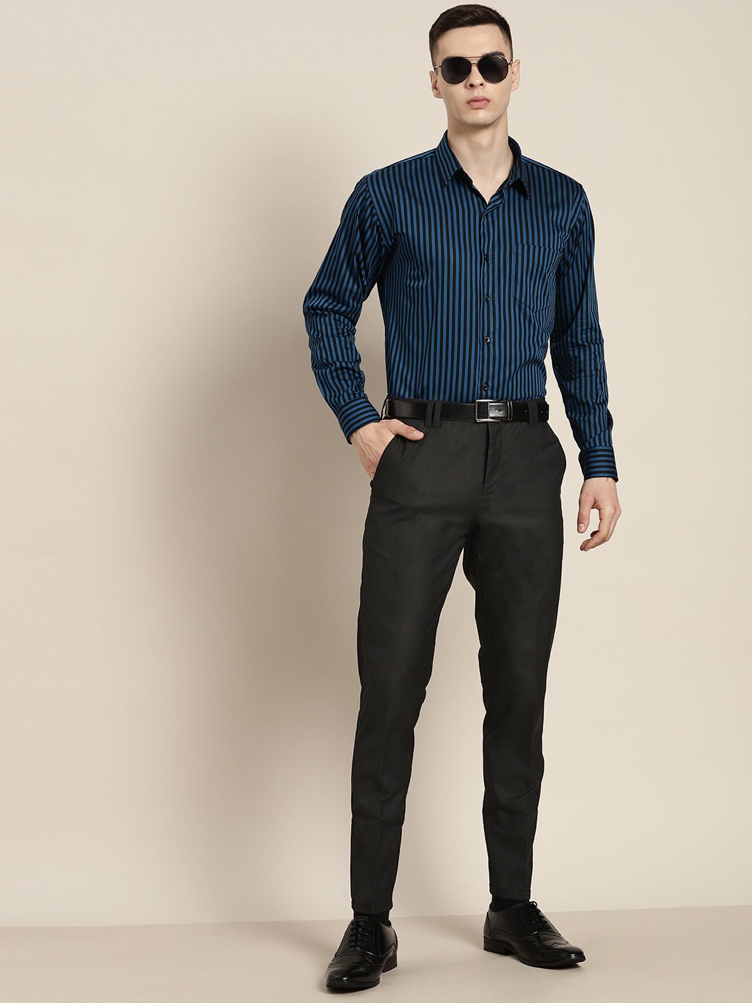 Men Blue & Black Stripes Pure Cotton Slim fit Party Shirt - #folk republic#