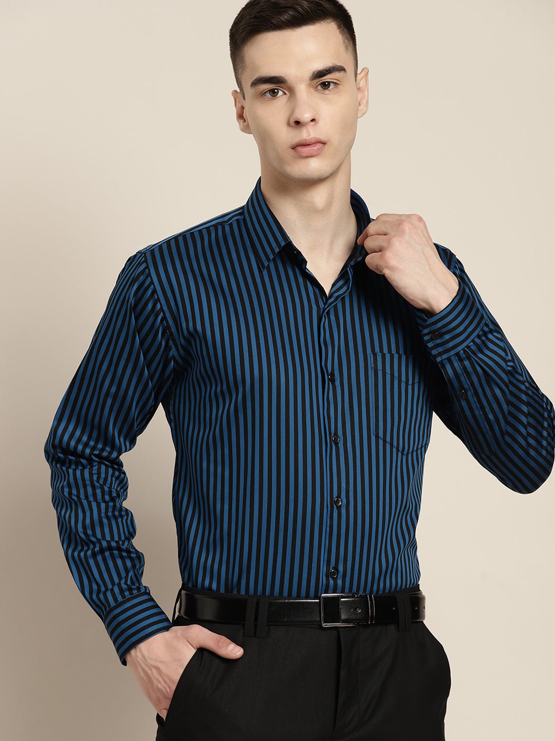 Men Blue & Black Stripes Pure Cotton Slim fit Party Shirt - #folk republic#