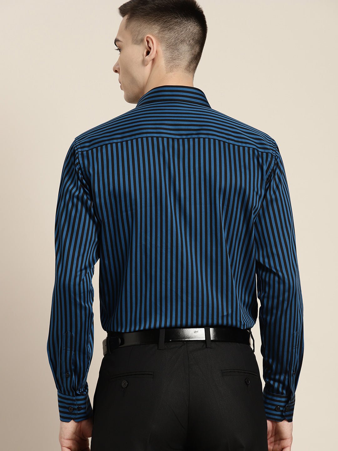 Men Blue & Black Stripes Pure Cotton Slim fit Party Shirt - #folk republic#