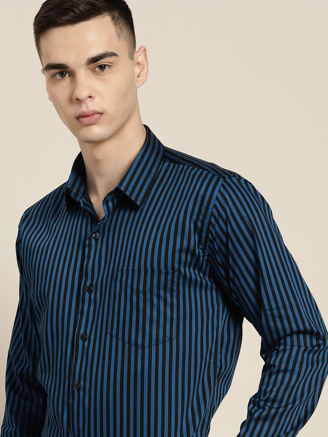 Men Blue & Black Stripes Pure Cotton Slim fit Party Shirt - #folk republic#