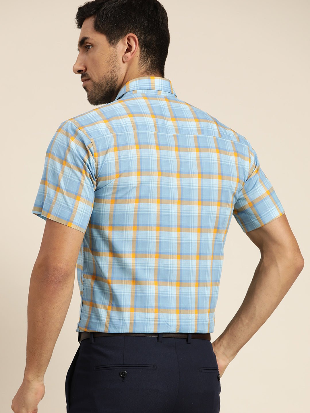 Men Blue Checked Pure Cotton Slim Fit Formal Shirt - #folk republic#
