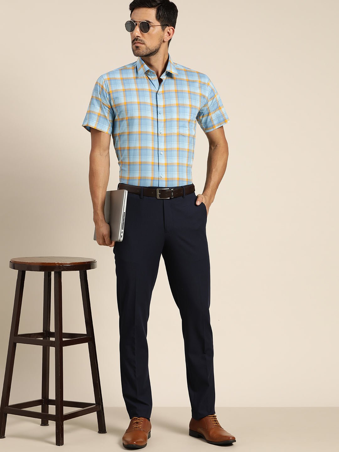 Men Blue Checked Pure Cotton Slim Fit Formal Shirt - #folk republic#