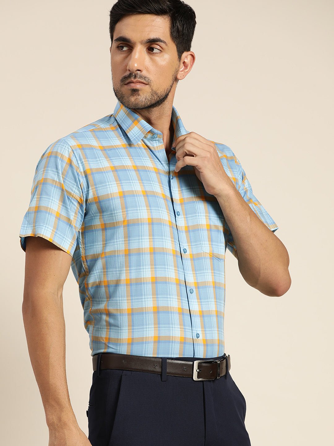 Men Blue Checked Pure Cotton Slim Fit Formal Shirt - #folk republic#