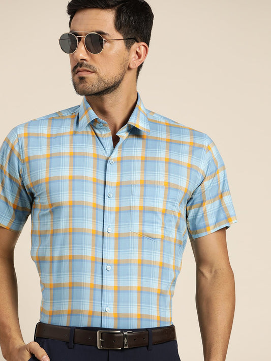 Men Blue Checked Pure Cotton Slim Fit Formal Shirt - #folk republic#
