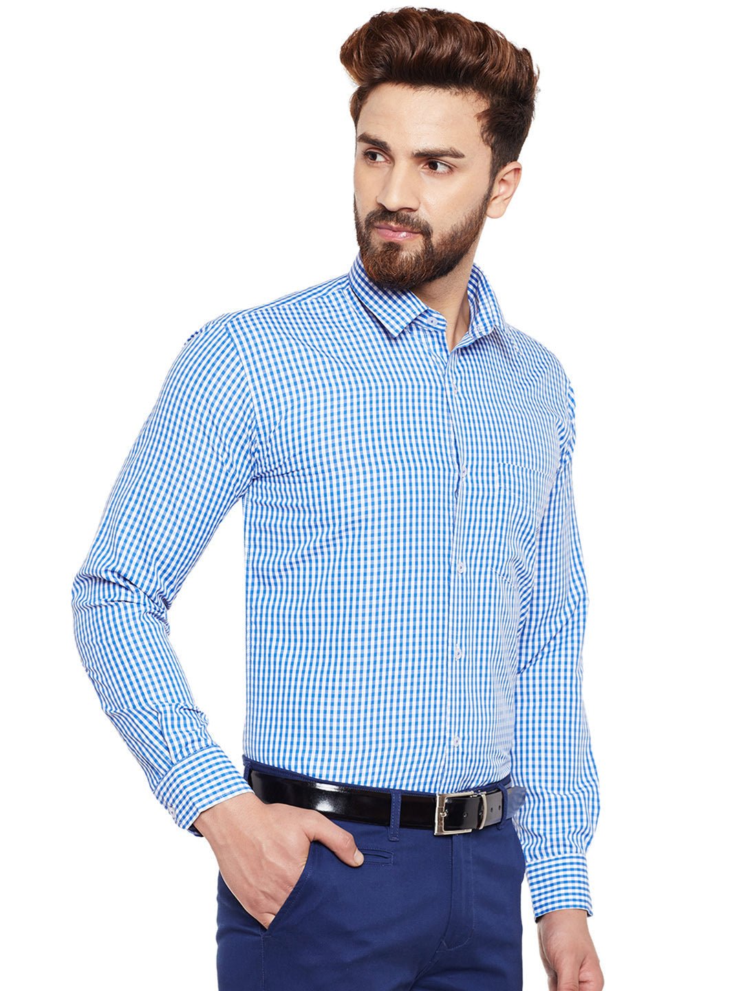 Men Blue Checked Slim Fit Formal Shirt - #folk republic#