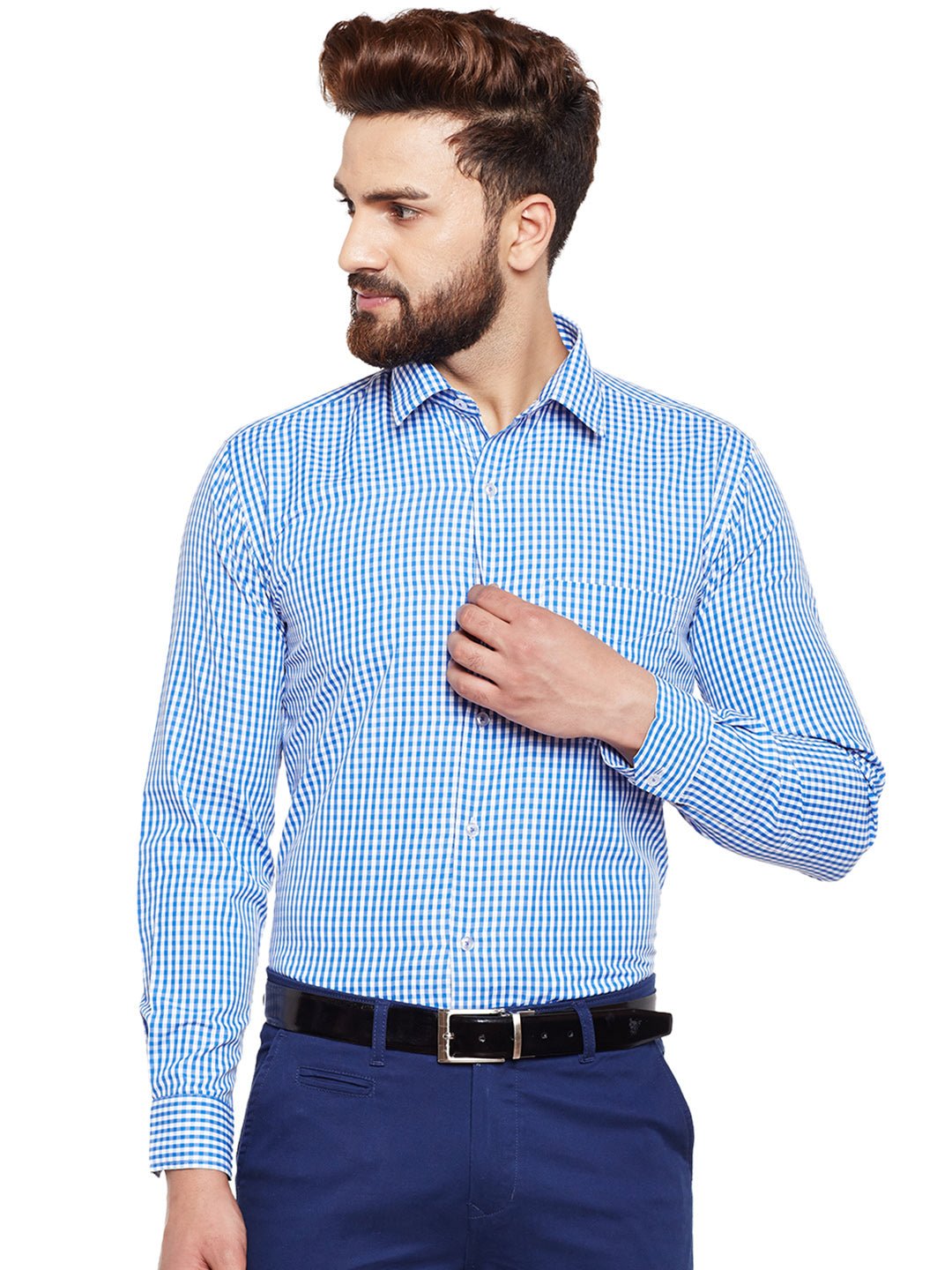 Men Blue Checked Slim Fit Formal Shirt - #folk republic#
