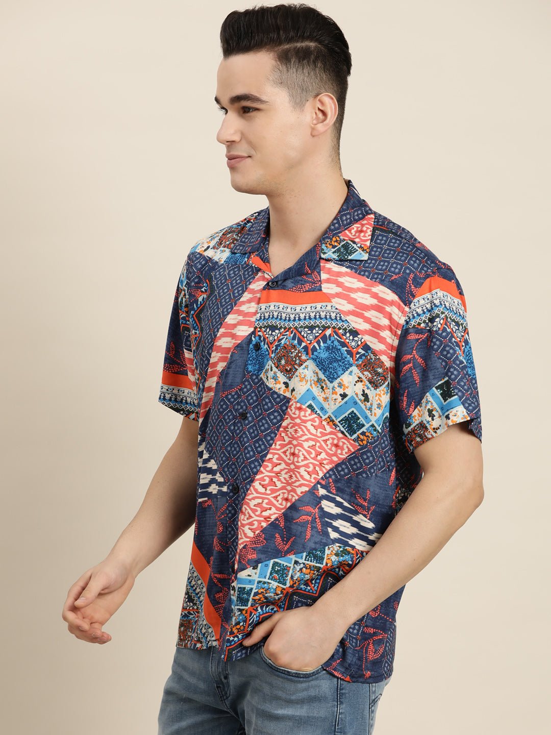 Men Blue & Coral Print Viscose Rayon Relaxed Fit Casual Resort Shirt - #folk republic#