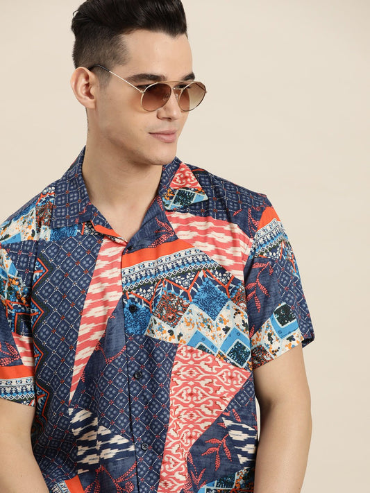 Men Blue & Coral Print Viscose Rayon Relaxed Fit Casual Resort Shirt - #folk republic#