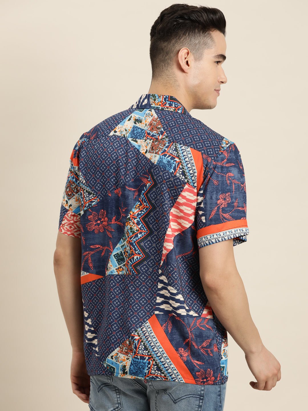 Men Blue & Coral Print Viscose Rayon Relaxed Fit Casual Resort Shirt - #folk republic#