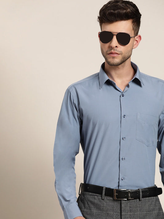 Men Blue & Grey Solids Slim Fit Formal Shirt - #folk republic#