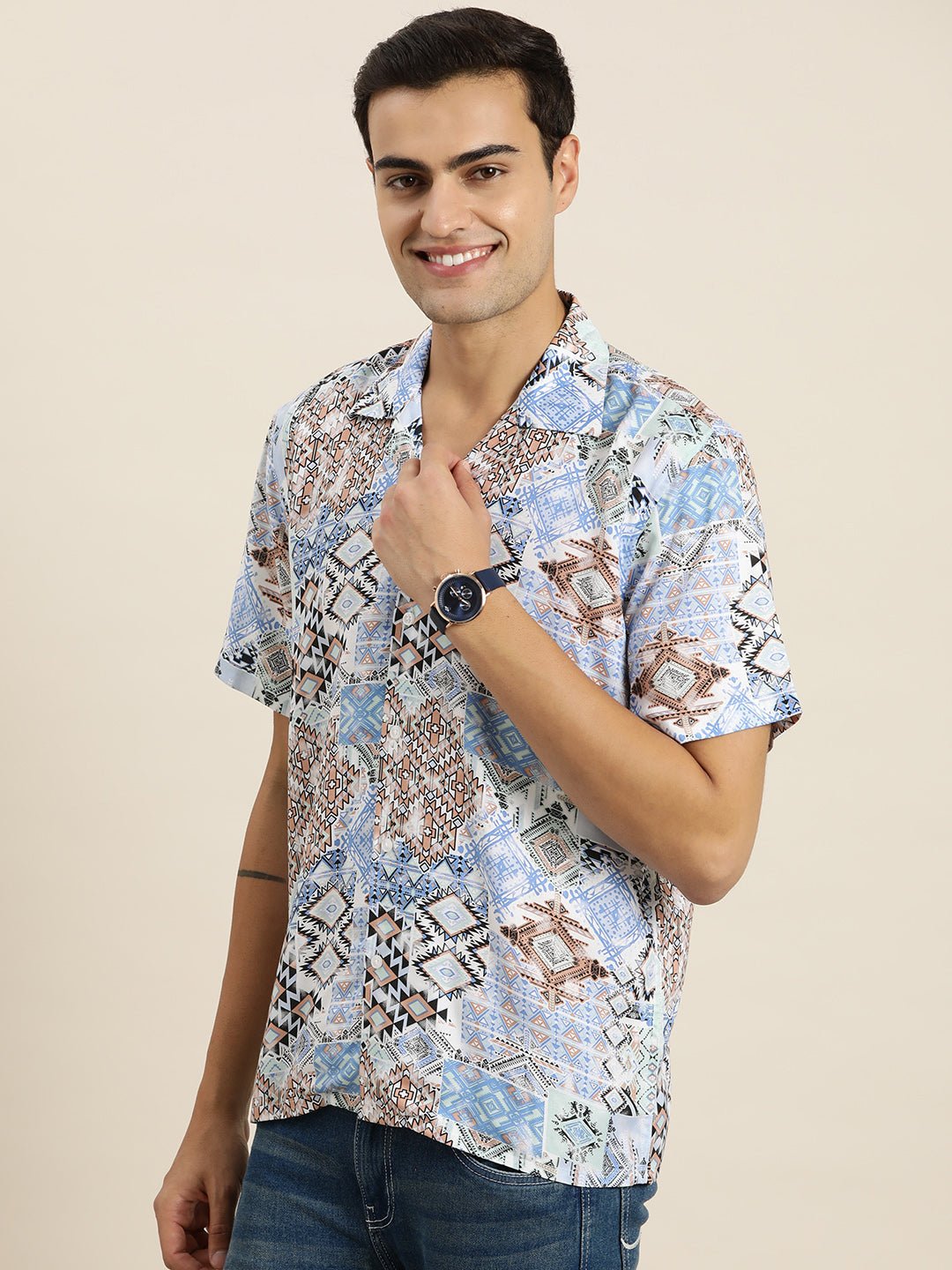 Men Blue & Multi Print Viscose Rayon Relaxed Fit Casual Resort Shirt - #folk republic#