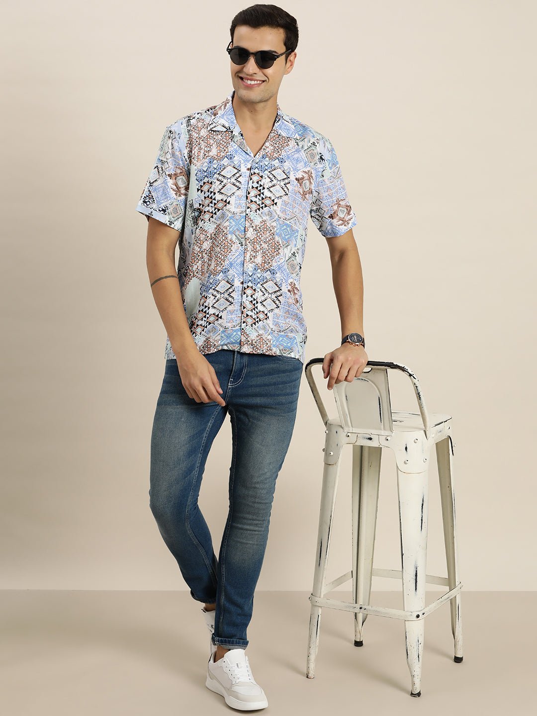 Men Blue & Multi Print Viscose Rayon Relaxed Fit Casual Resort Shirt - #folk republic#