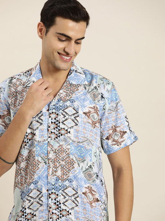 Men Blue & Multi Print Viscose Rayon Relaxed Fit Casual Resort Shirt - #folk republic#