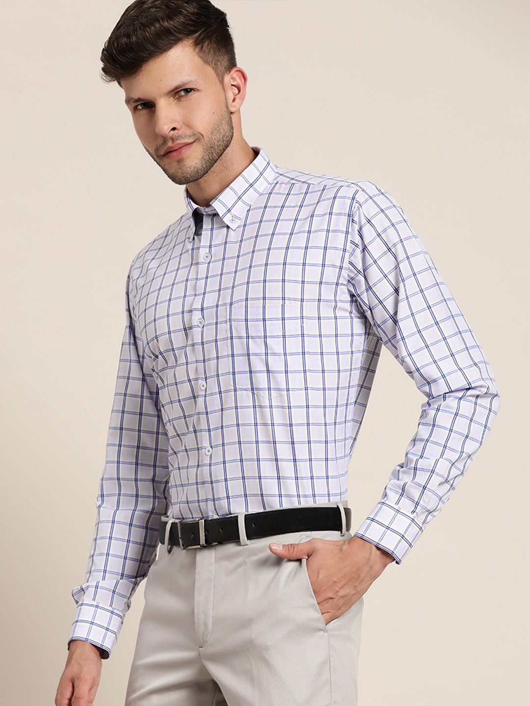 Men Blue & Navy Checked Cotton Rich Slim Fit Formal Shirt - #folk republic#