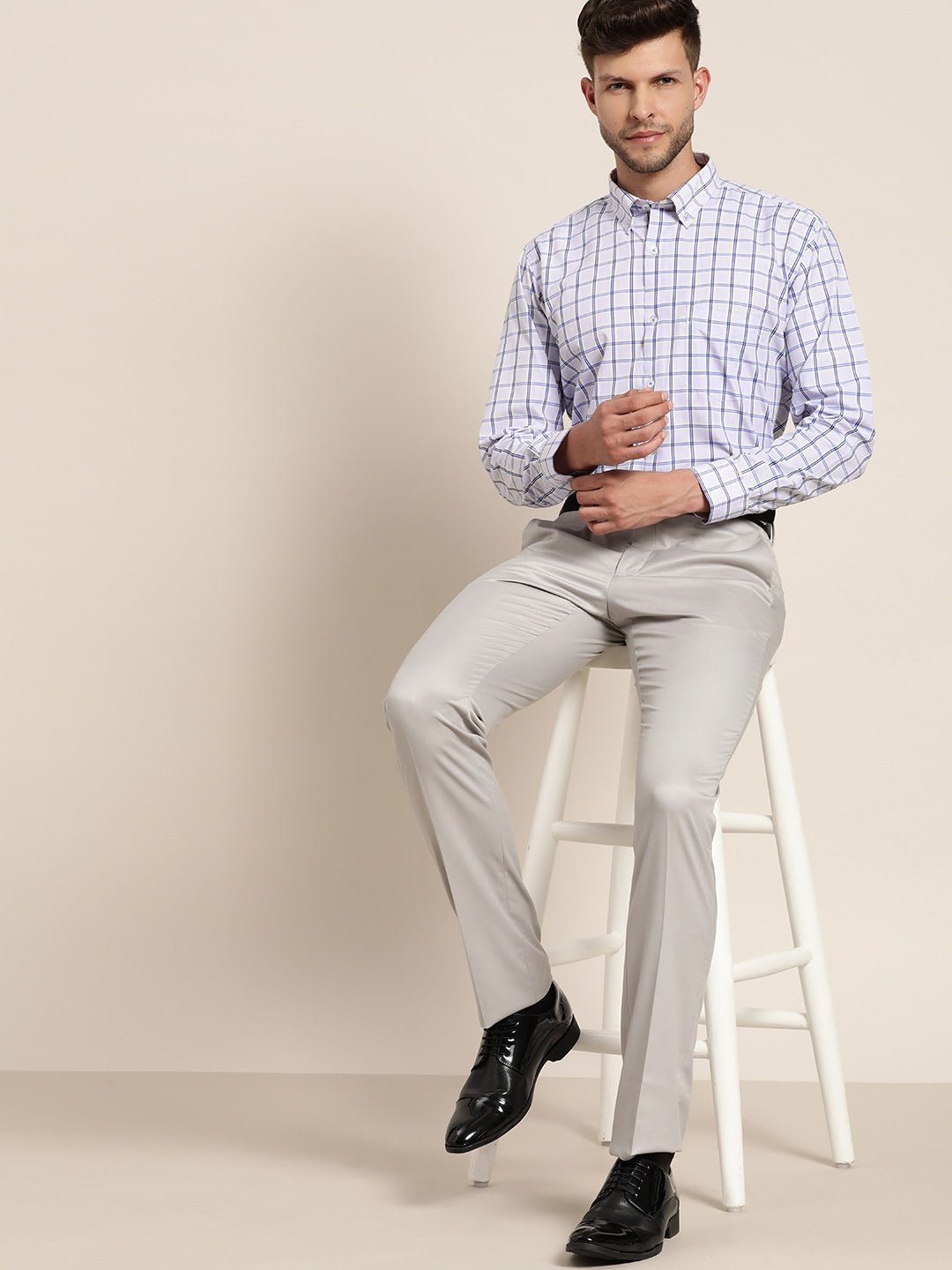 Men Blue & Navy Checked Cotton Rich Slim Fit Formal Shirt - #folk republic#