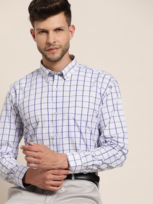Men Blue & Navy Checked Cotton Rich Slim Fit Formal Shirt - #folk republic#