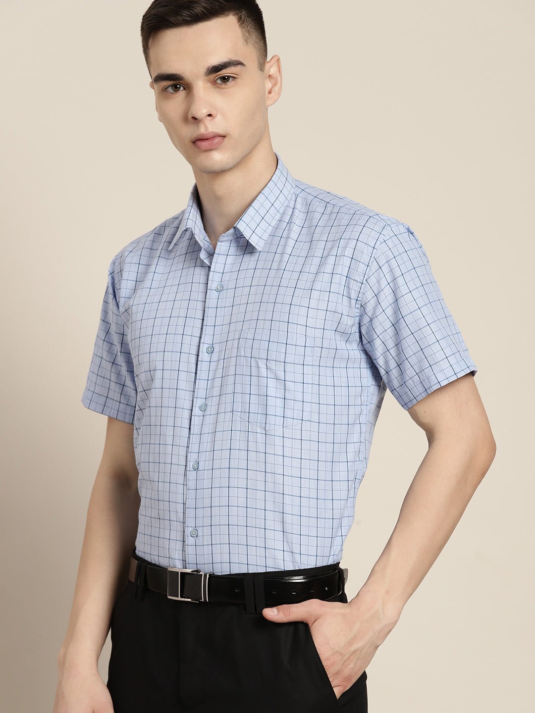Men Blue & Navy Checks Cotton Rich Slim fit Formal Shirt - #folk republic#