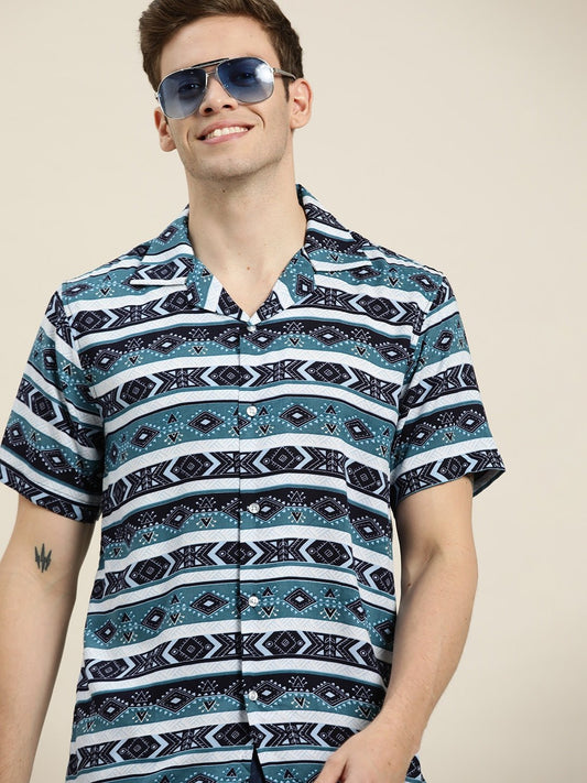 Men Blue-Navy Prints Viscose Rayon Relaxed Fit Casual Resort Shirt - #folk republic#