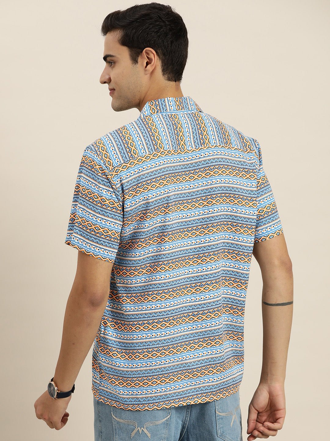 Men Blue & Orange Print Viscose Rayon Relaxed Fit Casual Resort Shirt - #folk republic#