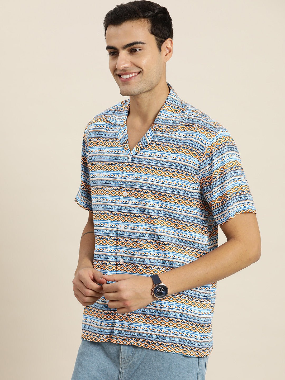 Men Blue & Orange Print Viscose Rayon Relaxed Fit Casual Resort Shirt - #folk republic#