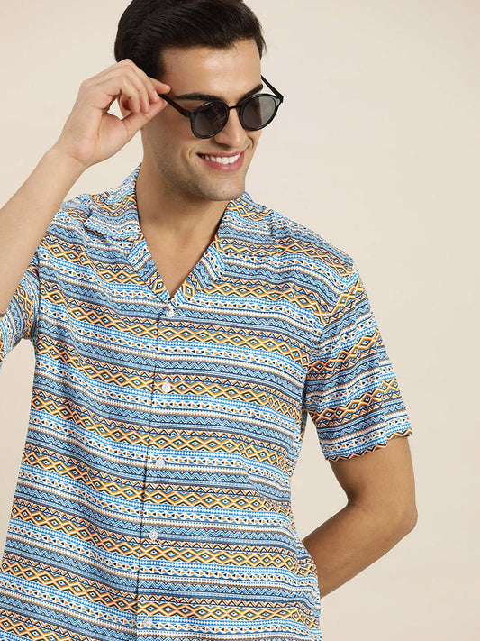 Men Blue & Orange Print Viscose Rayon Relaxed Fit Casual Resort Shirt - #folk republic#
