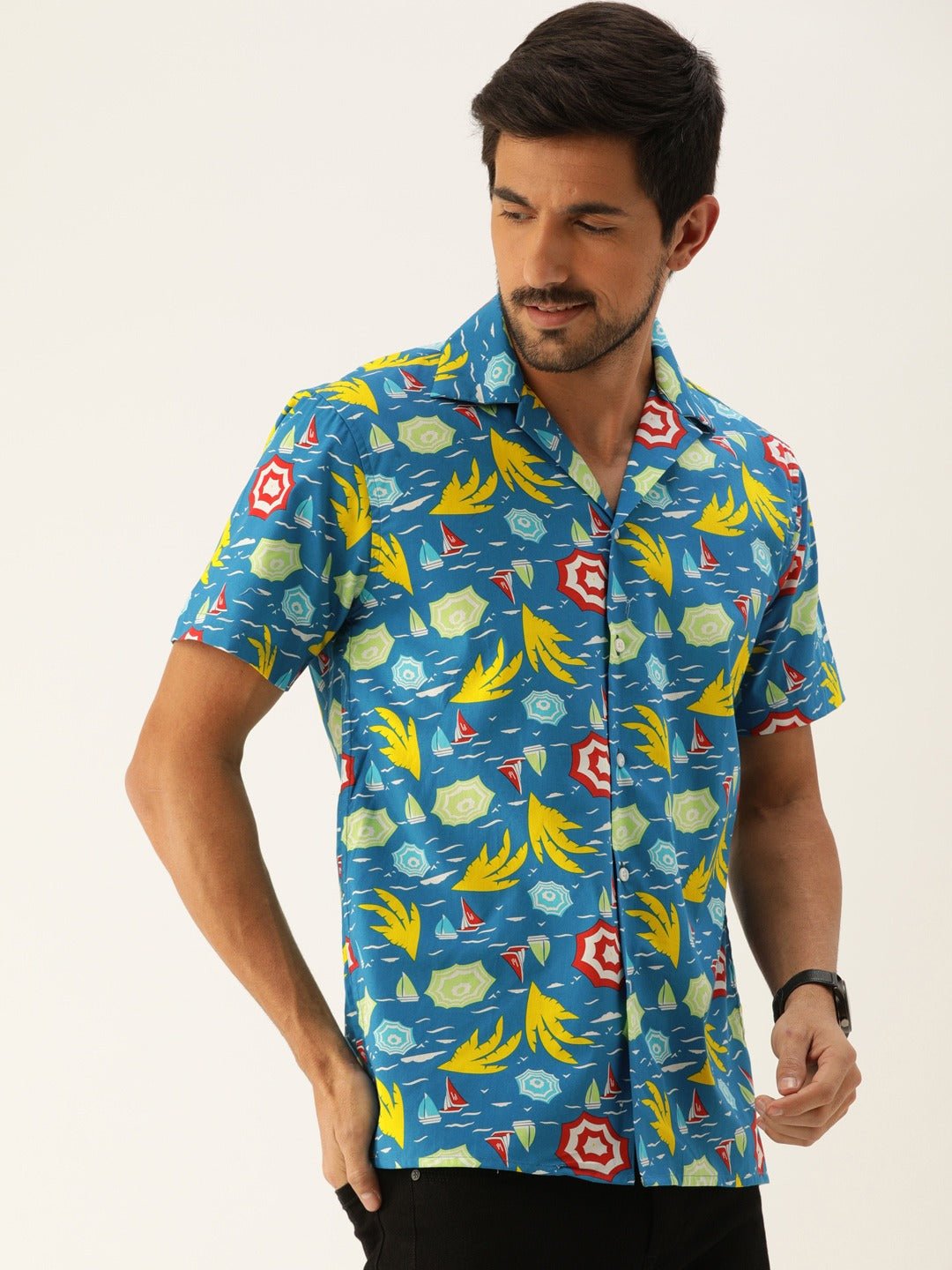 Men Blue Printed Pure Cotton Relaxed Fit Casual Resort Shirt - #folk republic#