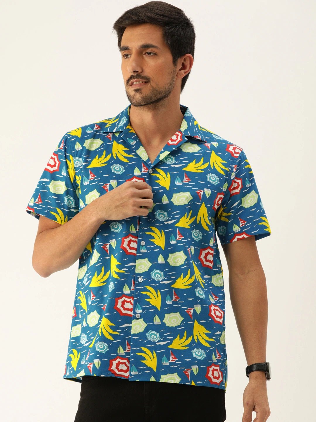 Men Blue Printed Pure Cotton Relaxed Fit Casual Resort Shirt - #folk republic#