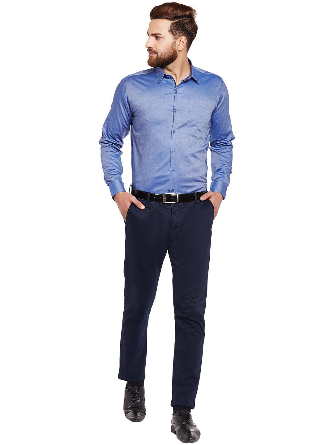 Men Blue Self Design Pure Cotton Slim Fit Formal Shirt - #folk republic#